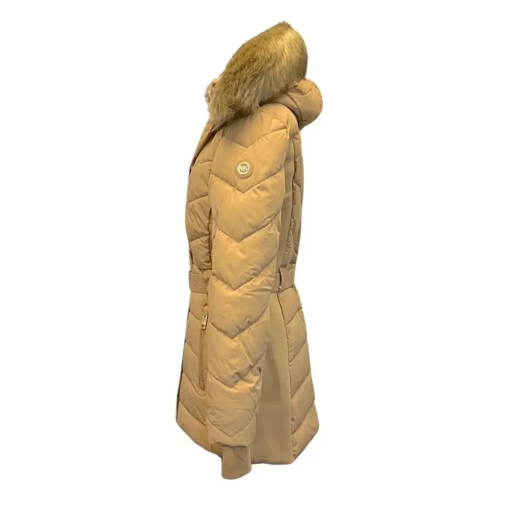 Michael Michael Kors Belted Puffer Faux Fur Trim Hooded Coat Jacket Dark Camel L - Picture 2 of 3